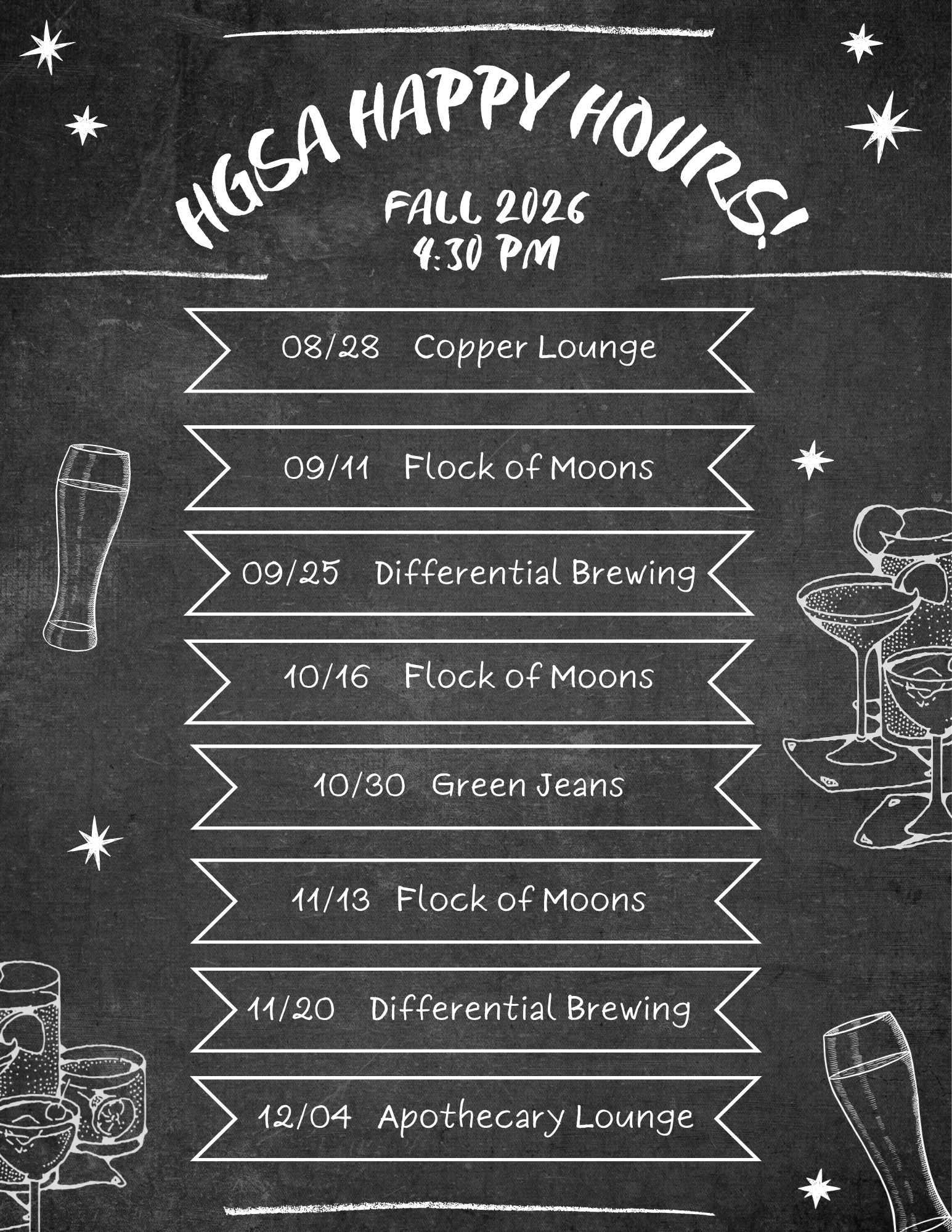 Flyer describing different happy hour events Flyer describing different happy hour events